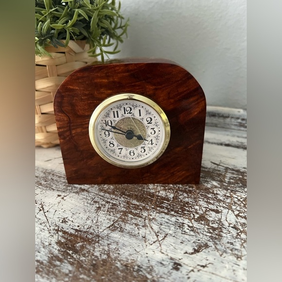 Vintage Other - Vintage MCM Hand Carved Burl  Wood Desk Clock Works Mid Century 4.5"x4"